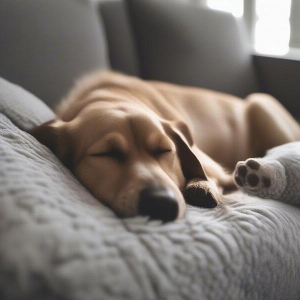 A dog sleeping peacefully on a dog bed couch