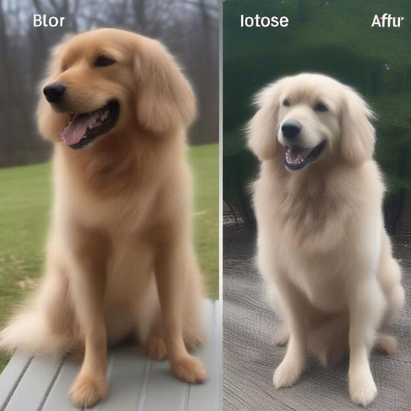 A dog with a healthy, shiny coat after being groomed with a fur rake