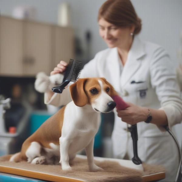 Short-haired dog getting groomed in Bentonville