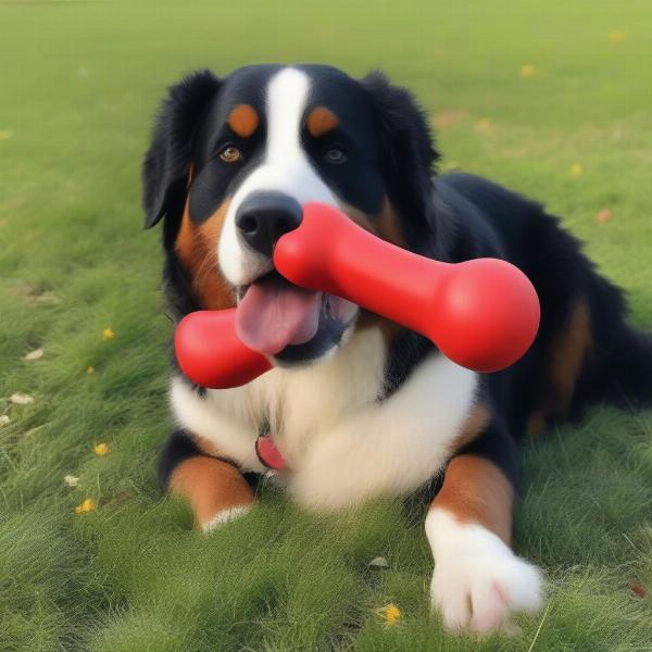 Bernese Mountain Dog playing with a chew toy