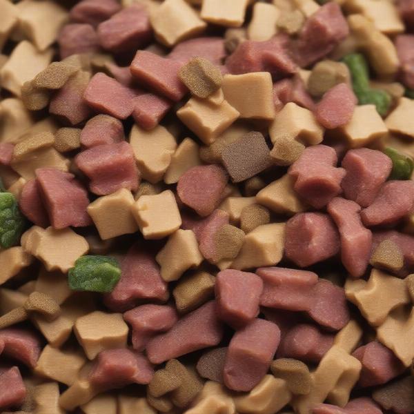 Close-up of dog food kibble with visible ingredients like meat and vegetables