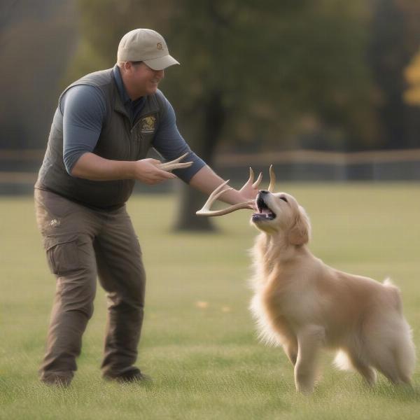 A Golden Retriever learning to retrieve a shed antler