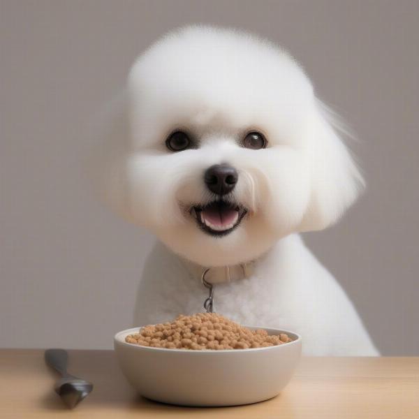 A Bichon Frise happily eating its dog food from a bowl.