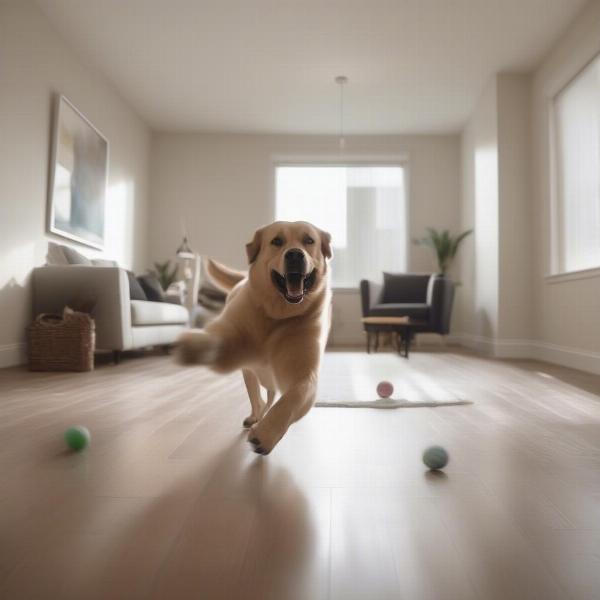 Big dog playing fetch indoors