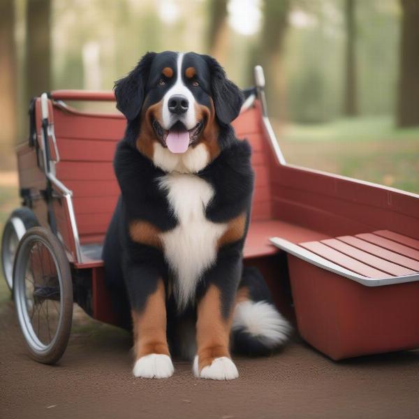 Large dog enjoying a wagon ride