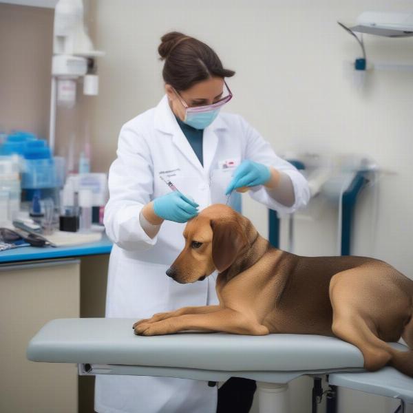 Taking a blood sample from a dog for a bile acid stim test