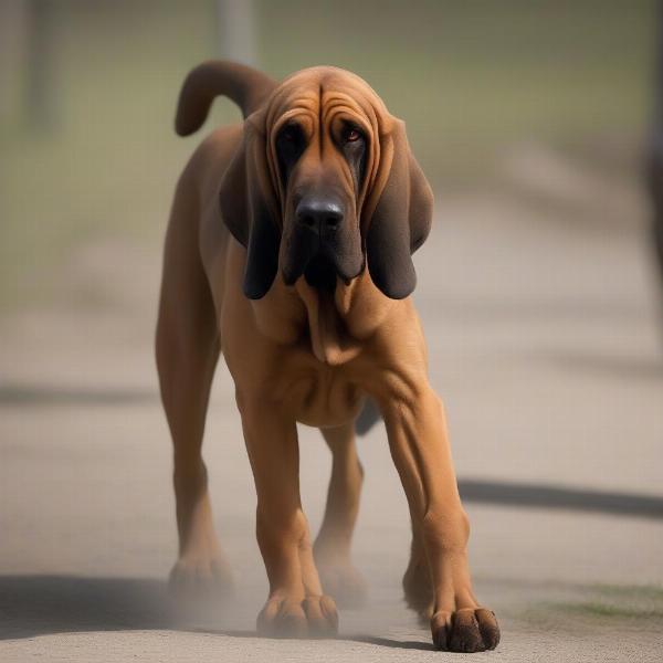 Bloodhound tracking a scent with its nose to the ground