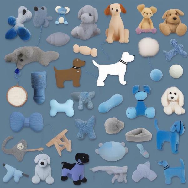 Different types of blue dog toys: plush, rubber, rope, and puzzle toys