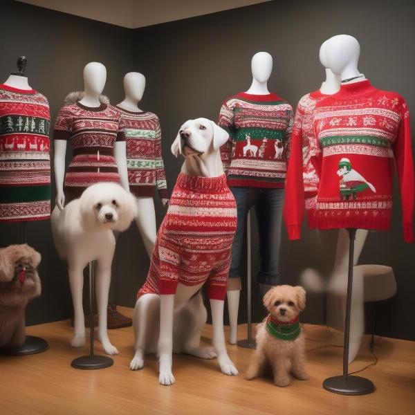 A collection of matching Christmas sweaters for dogs and their owners.