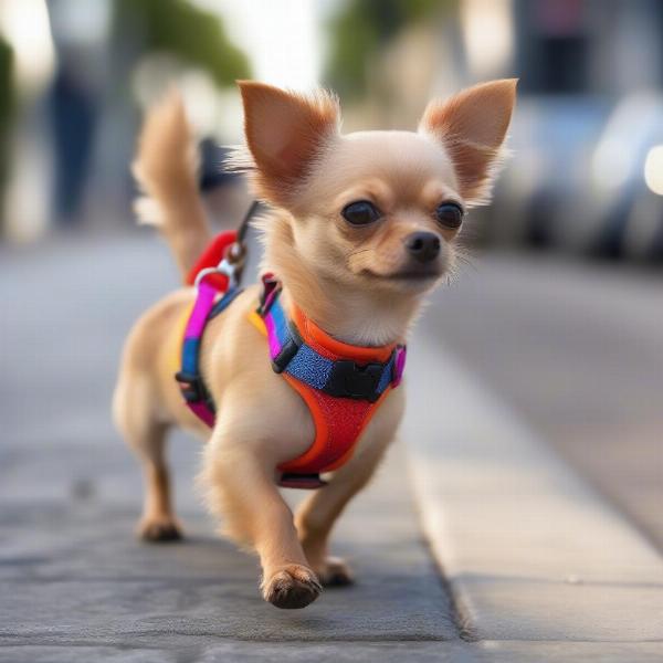 Small dog walking comfortably with a body leash