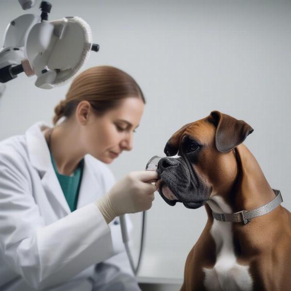 Veterinarian examining a Boxer's eye