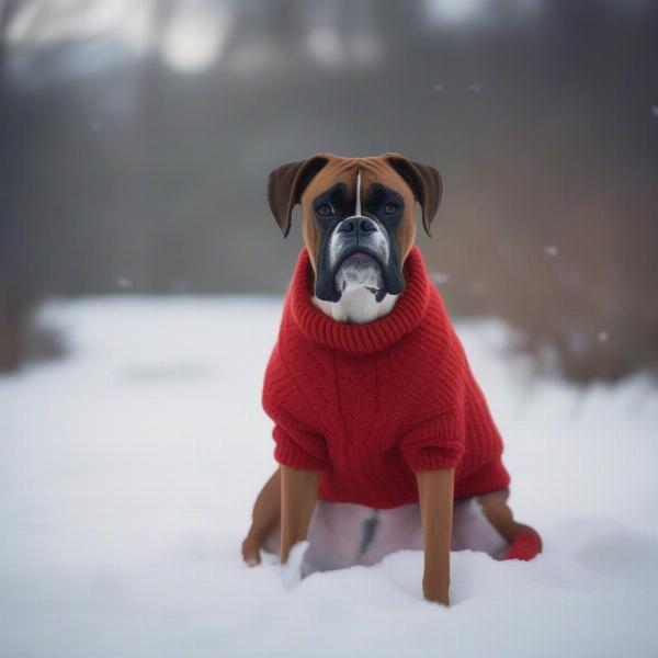 Boxer dog wearing a jumper in the snow