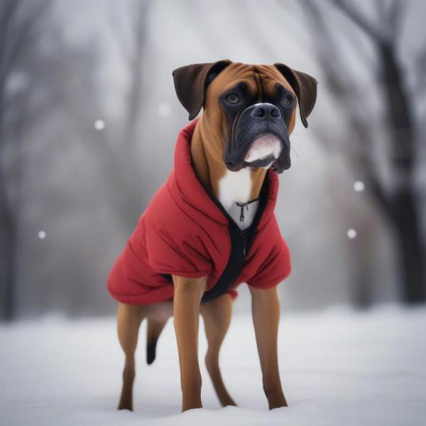 Boxer dog wearing a winter coat