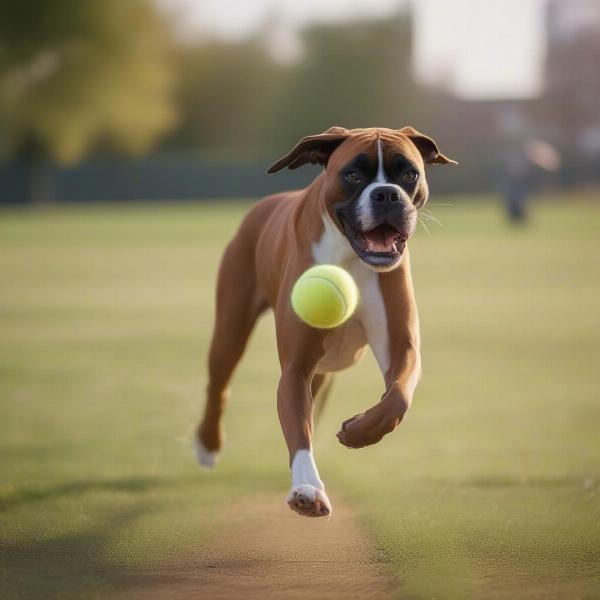 Boxer dog playing fetch