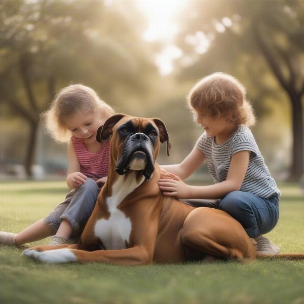 Boxer playing gently with children