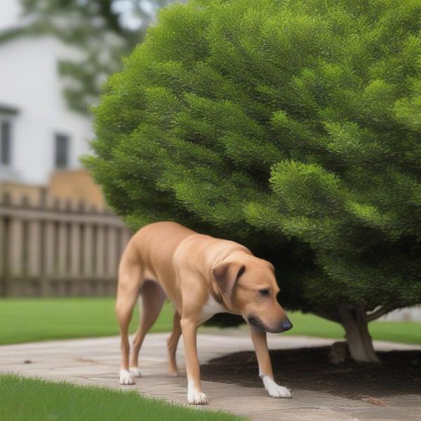 Dog near a boxwood plant