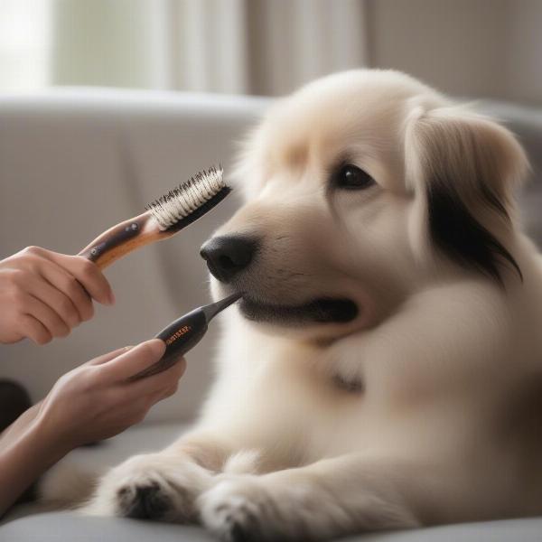 Brushing a dog to remove loose fur