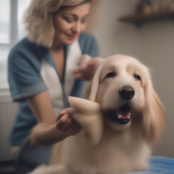 Brushing a dog with a ticking coat