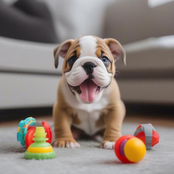 Bulldog Puppy Playing with Toys