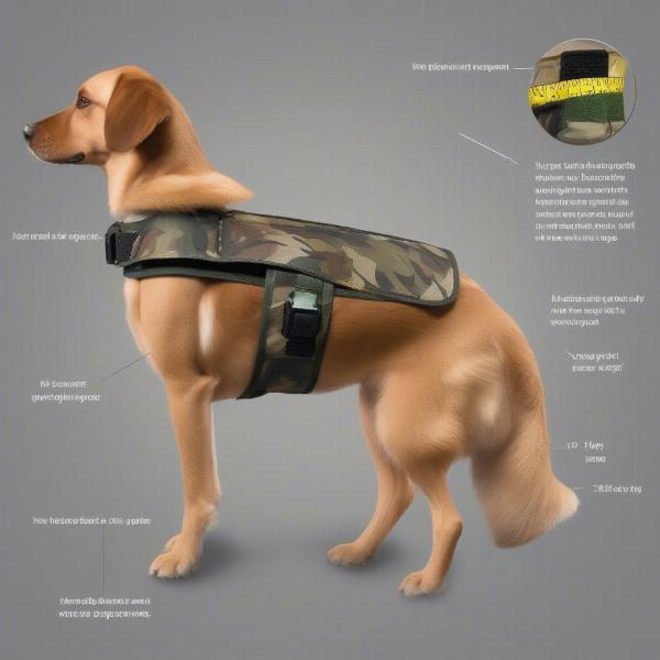 Measuring a dog for a camo flotation vest