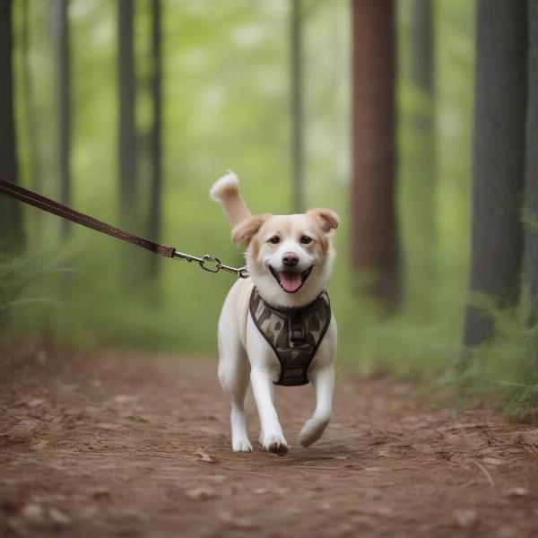 Dog walking with a camo leash in a forest