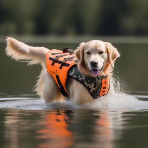 Dog swimming in a camo life vest