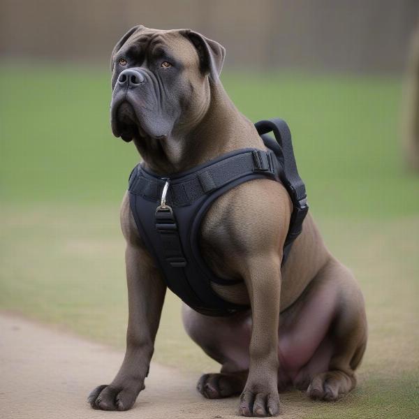 Cane Corso dog wearing a well-fitted harness