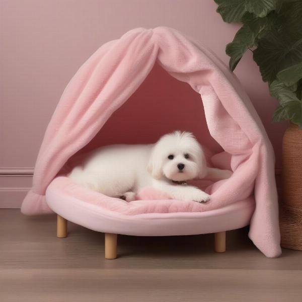 Small dog snuggling in a canopy dog bed