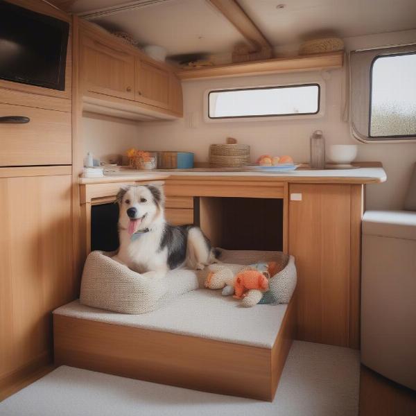 Caravan interior with dog bed, bowls and toys.