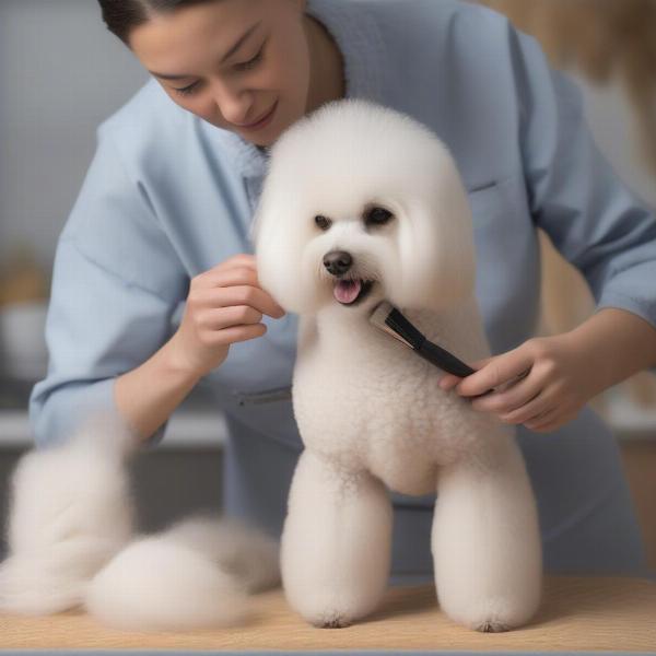 Brushing and grooming an "alpaca dog" to maintain its fluffy coat.