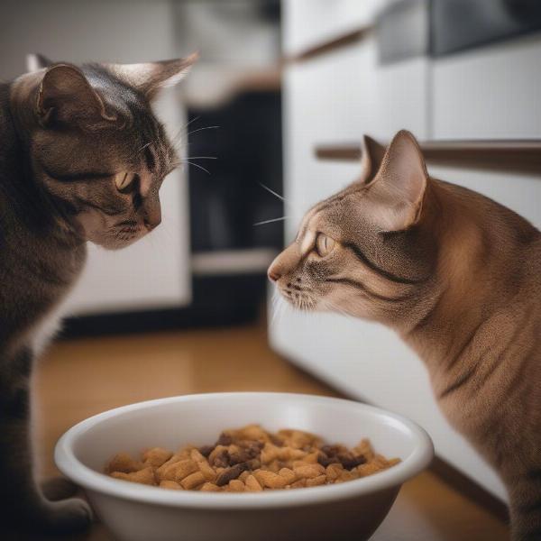 Cat and dog fighting over food