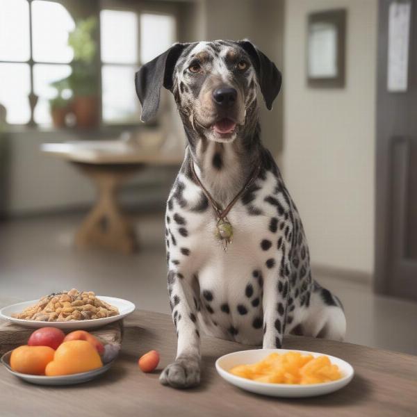 A Catahoula Leopard Dog eating from a bowl of healthy dog food