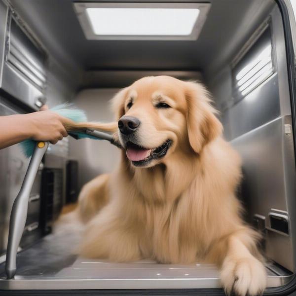 A certified mobile dog groomer in Durham, NC grooming a dog.