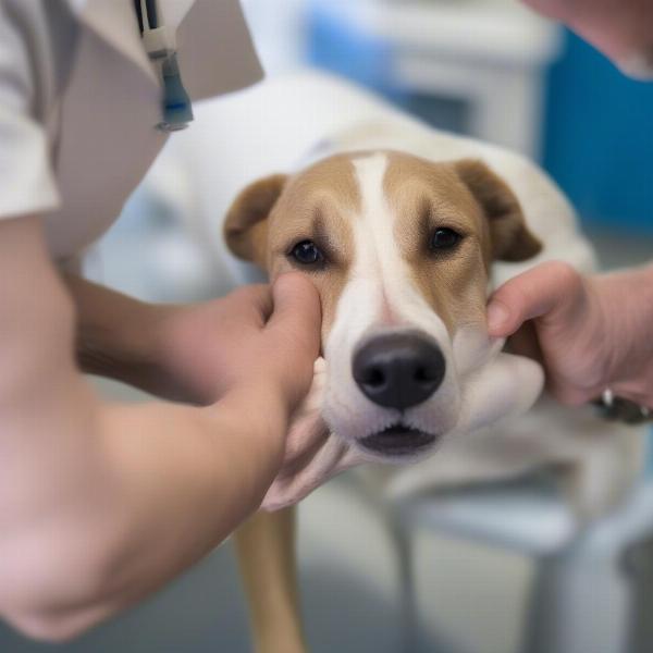 Dog's leg being examined by a vet