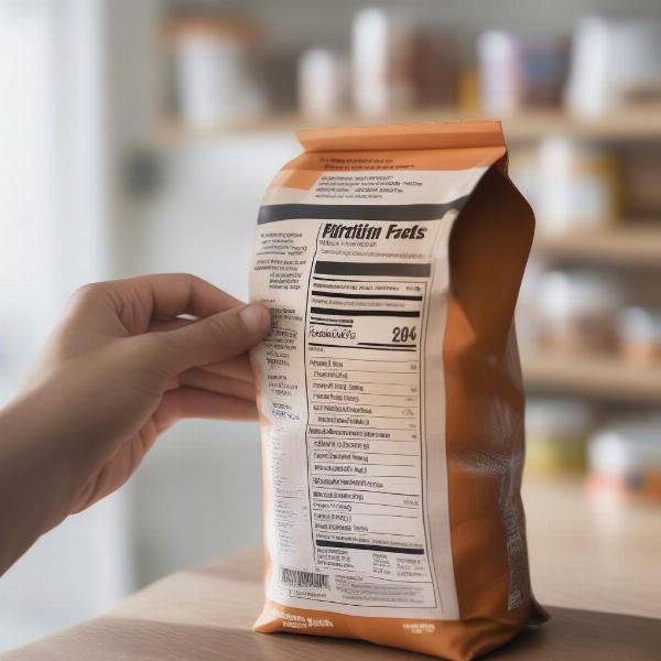 A person carefully examining the ingredients list on a bag of dog food