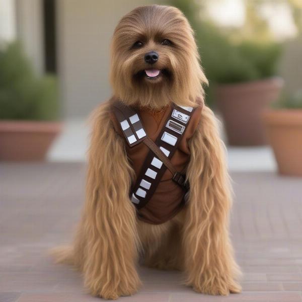 A dog wearing a Chewbacca costume