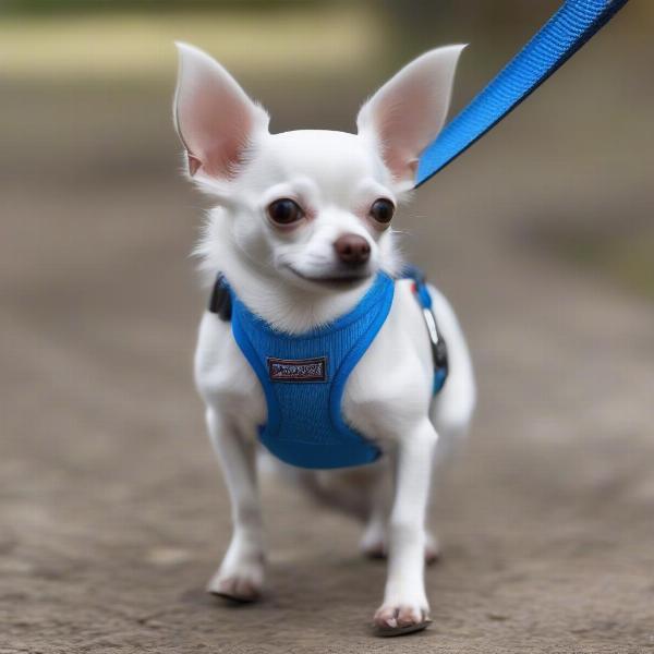 Chihuahua walking on a leash with a harness