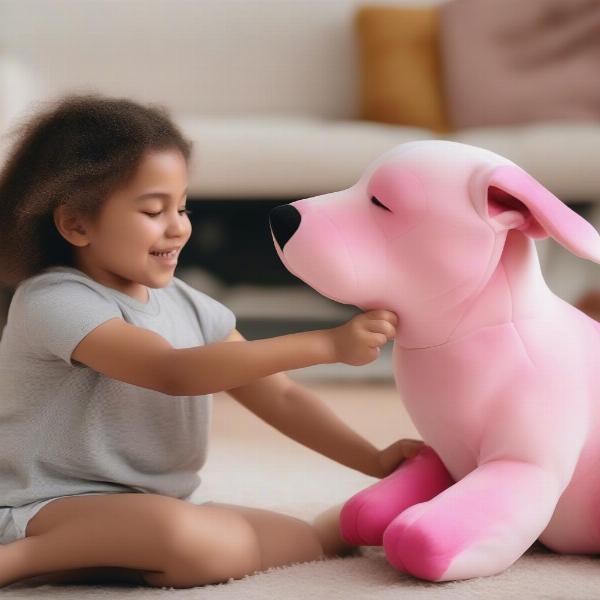 Child Playing with Pink Dog Squishmallow and Real Dog