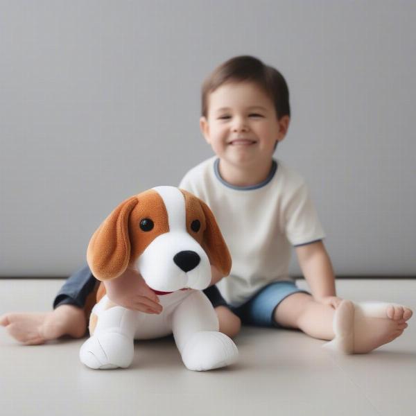 Child Playing with a Stuffed Beagle Dog