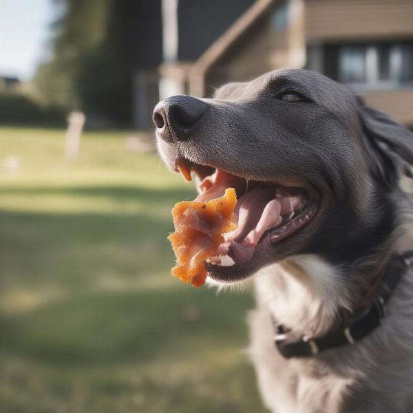 Dog eating dehydrated duck necks