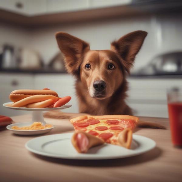 Dog eating hot dog and pizza