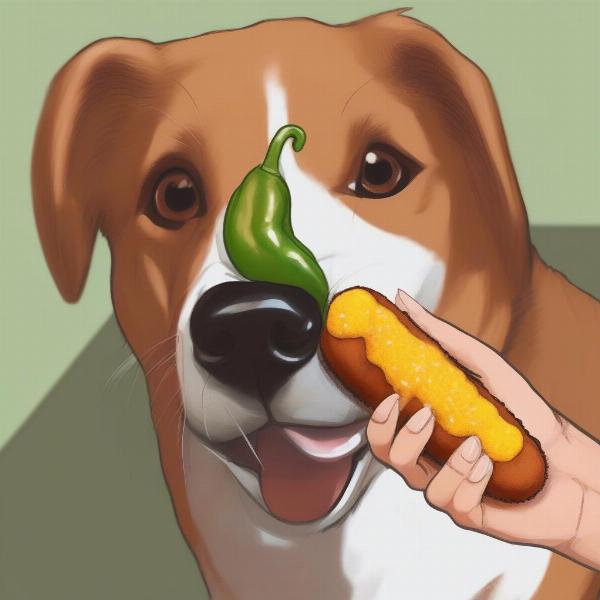 A dog looking intently at a jalapeno corn dog.