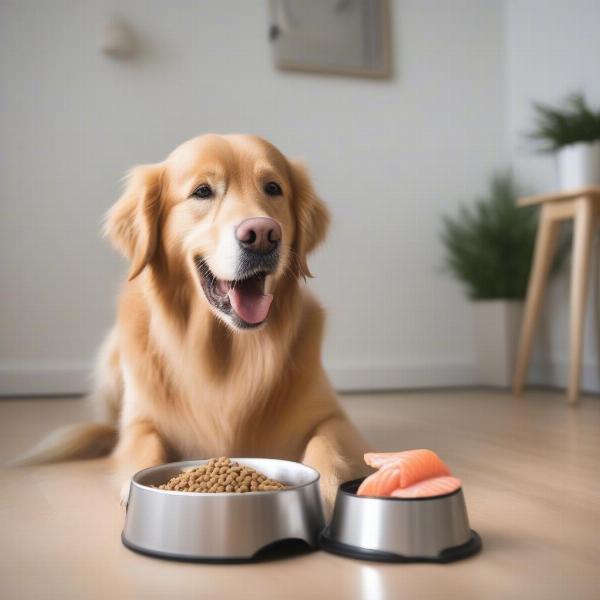 Dog eating salmon dry dog food