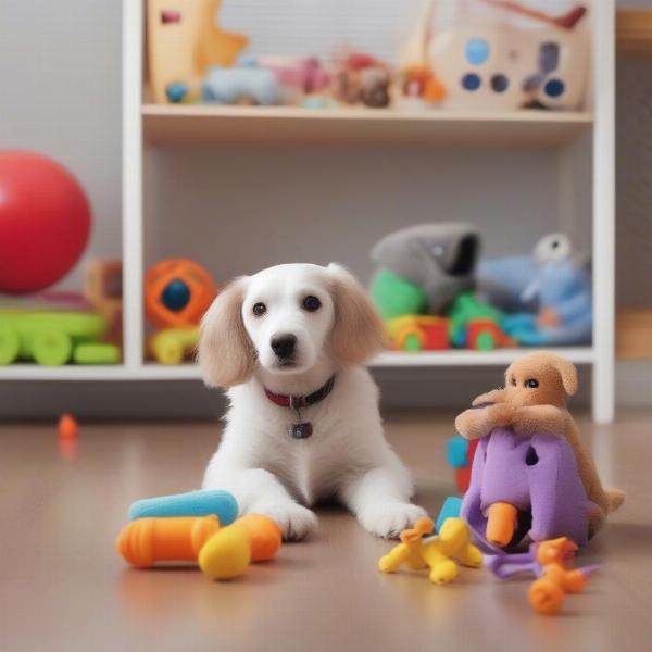 Toy dog playing with toys inside their designated house area