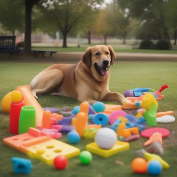 Dog playing with toys