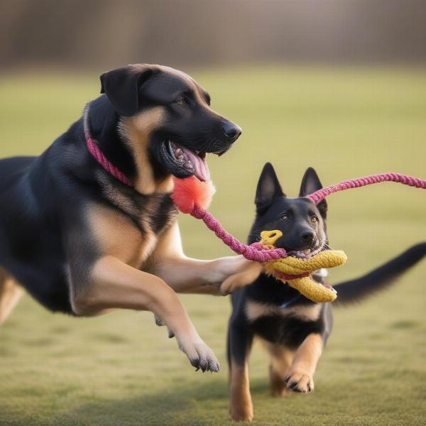 Dog playing tug-of-war with a rope fish toy