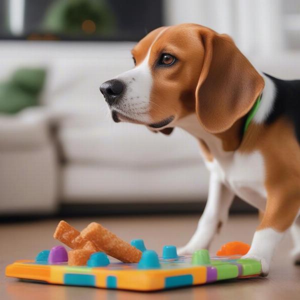 Dog playing with a puzzle toy