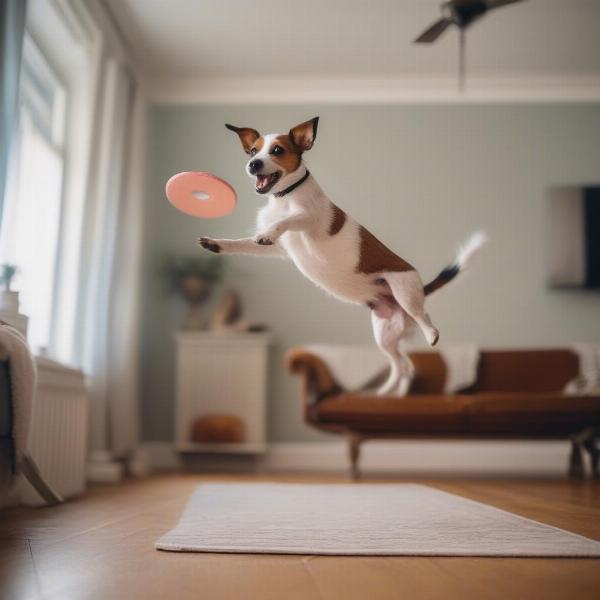 Dog playing frisbee indoors