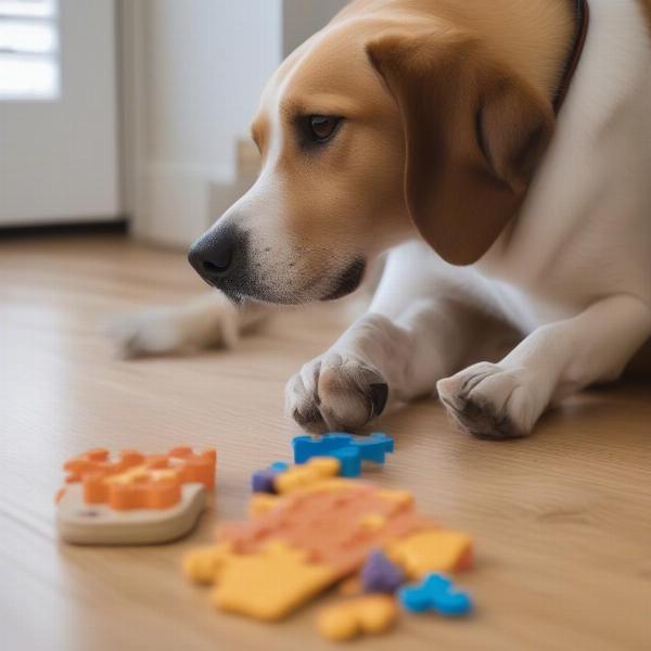 Dog playing interactive puzzle toys