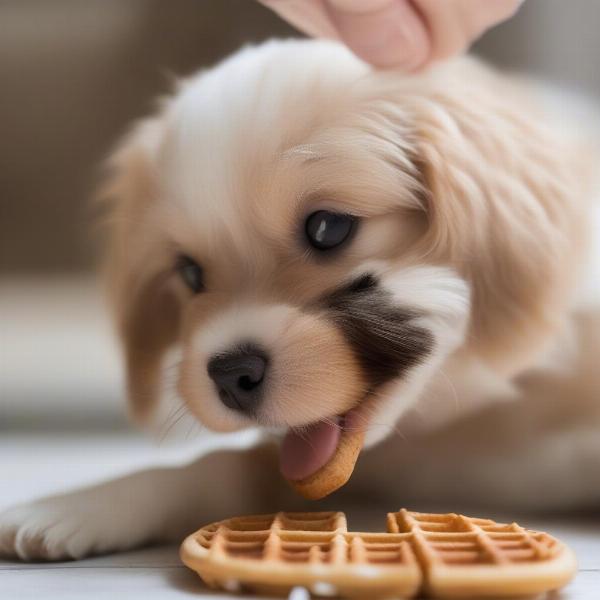 Puppy eating a waffle